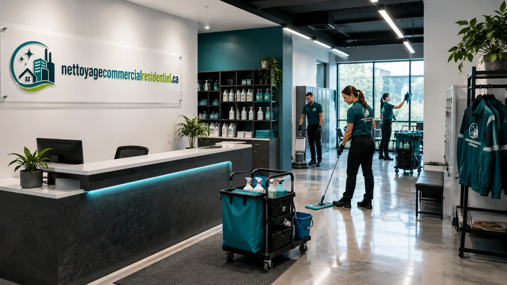 Locaux d'une entreprise de nettoyage : comptoir d'accueil, chariots et matériel d'entretien