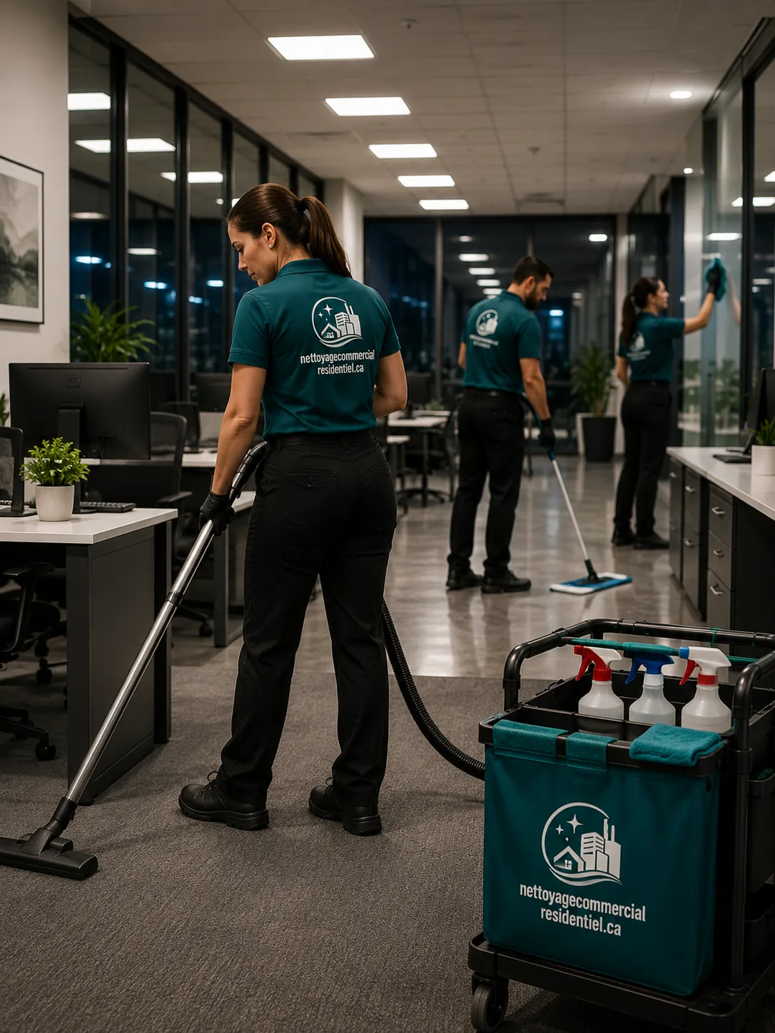 Équipe de nettoyage passant l'aspirateur dans des bureaux en soirée