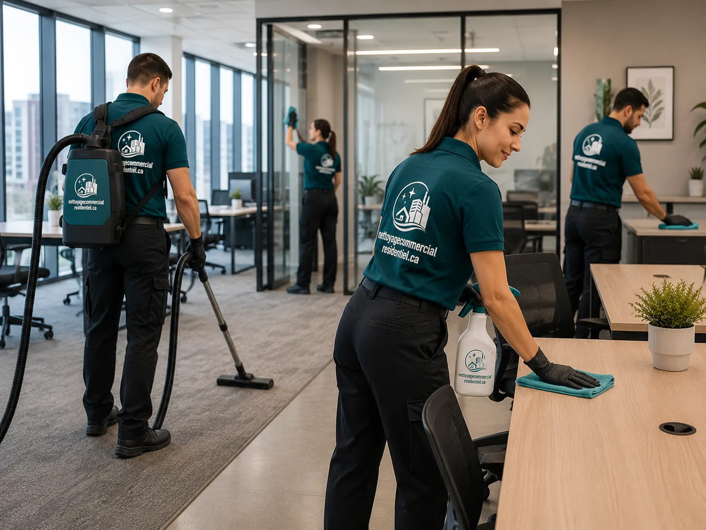 Nettoyage de postes de travail et de cloisons vitrées dans un bureau